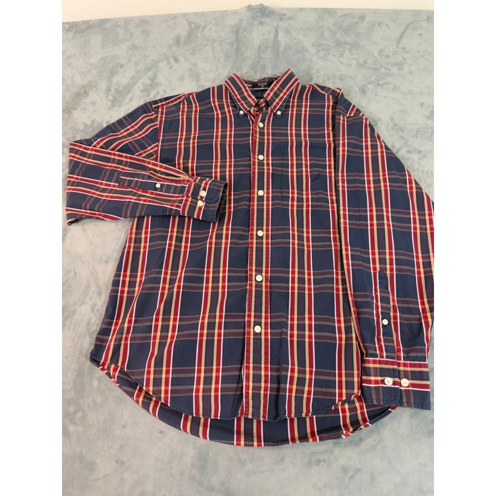Nautica Mens Blue Red Plaid 80s Two-Ply Cotton Button Down Shirt Medium